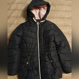 Black and Pink Hooded Puffer Coat with‎ Quilted Design